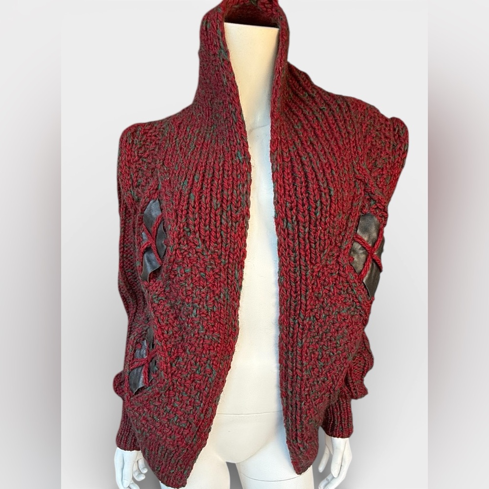 Vintage 80’s BYBLOS wool knit open front cardigan with leather argyle patches